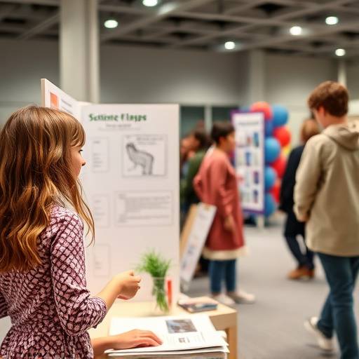 A student excitedly presenting a project during a science fair
