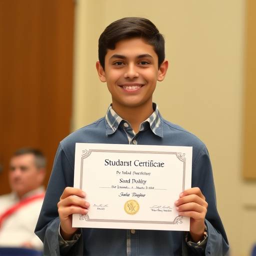 A student receiving a scholarship certificate with pride