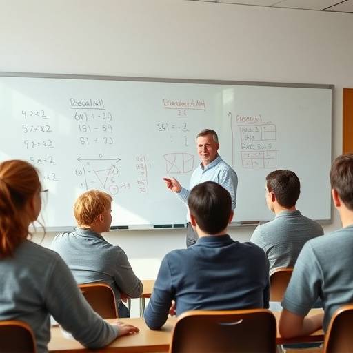 A teacher explaining a math problem on a whiteboard to a class of students