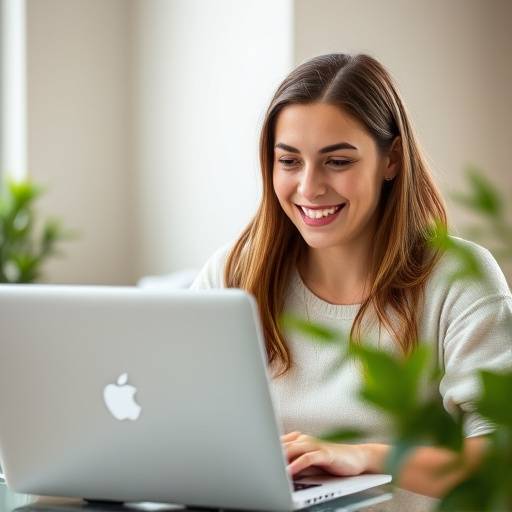 A young woman using a laptop, smiling as she studies