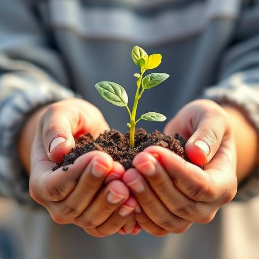 Illustration of hands holding up a seedling, symbolizing growth and education