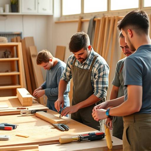 Students learning a vocational skill, such as carpentry or tailoring, demonstrating practical training opportunities.